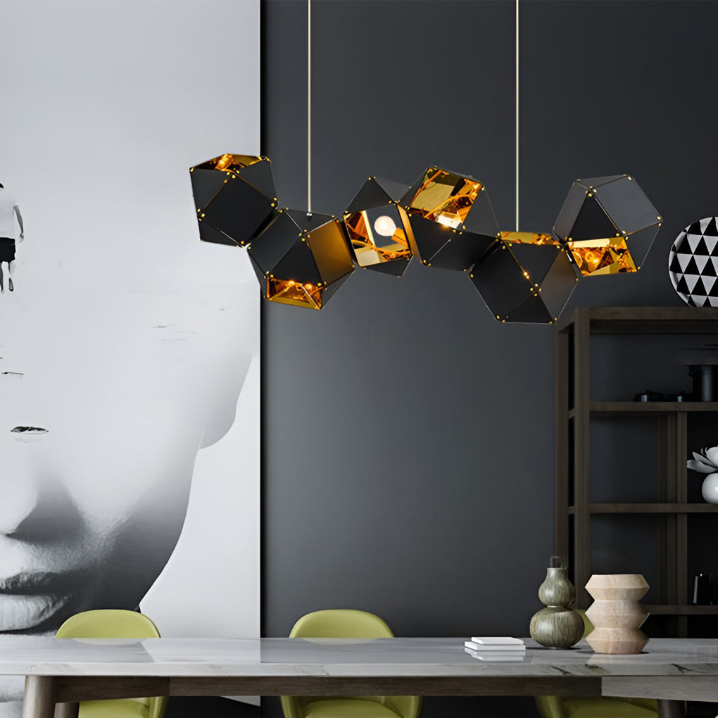 Modern 6 Light Black Geometric Polygonal Chandelier with Gold Interior for Dining Room
