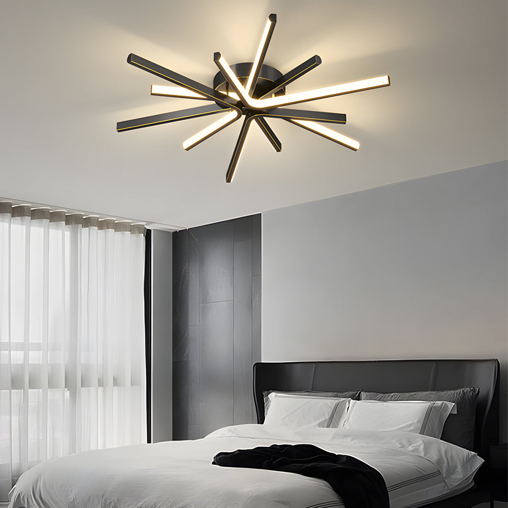Modern 6 Light Copper Fireworks LED Semi Flush Mount Starburst Ceiling Light with 3 Step Dimming