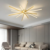 Modern 6 Light Copper Fireworks LED Semi Flush Mount Starburst Ceiling Light with 3 Step Dimming