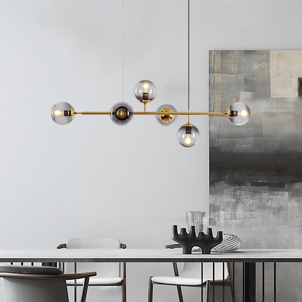 Modern 6 Light Glass Globe Chandelier Electroplated Metal Pendant Hanging Ceiling Lamp for Dining Room