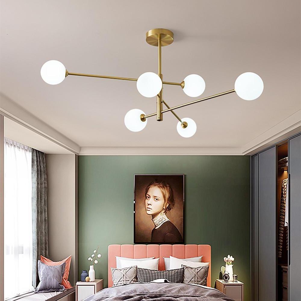 Modern 6 Light Gold Glass Globe Pendant Light Electroplated LED Ceiling Chandelier for Living Room