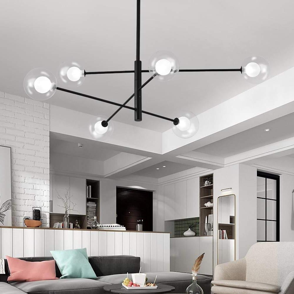 Modern 6 Light Linear Sputnik Chandelier with Glass Globes Black Metal Fixture
