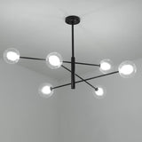 Modern 6 Light Linear Sputnik Chandelier with Glass Globes Black Metal Fixture