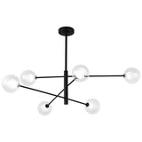 Modern 6 Light Linear Sputnik Chandelier with Glass Globes Black Metal Fixture
