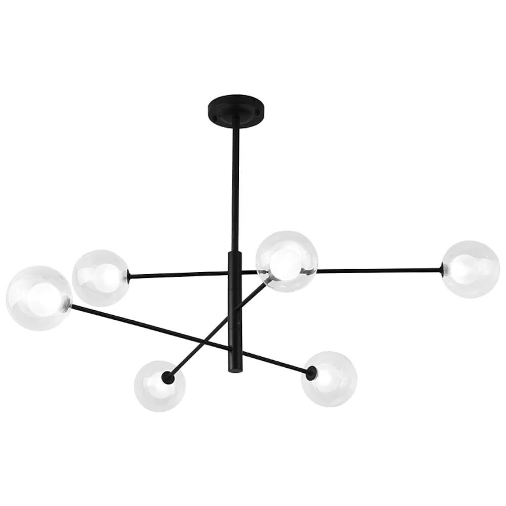 Modern 6 Light Linear Sputnik Chandelier with Glass Globes Black Metal Fixture