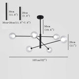 Modern 6 Light Linear Sputnik Chandelier with Glass Globes Black Metal Fixture