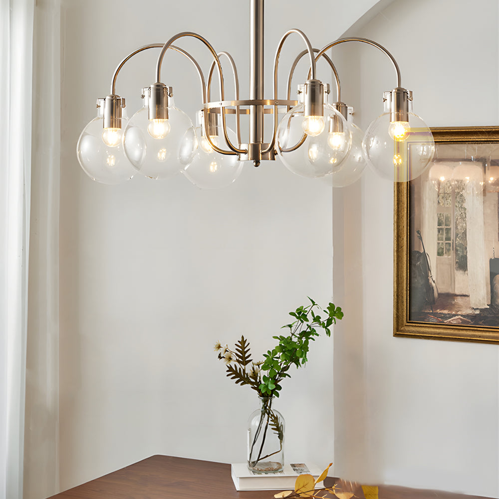 Modern 6 Light Nickel Chandelier with Clear Glass Globe Shades for Dining Room and Living Room