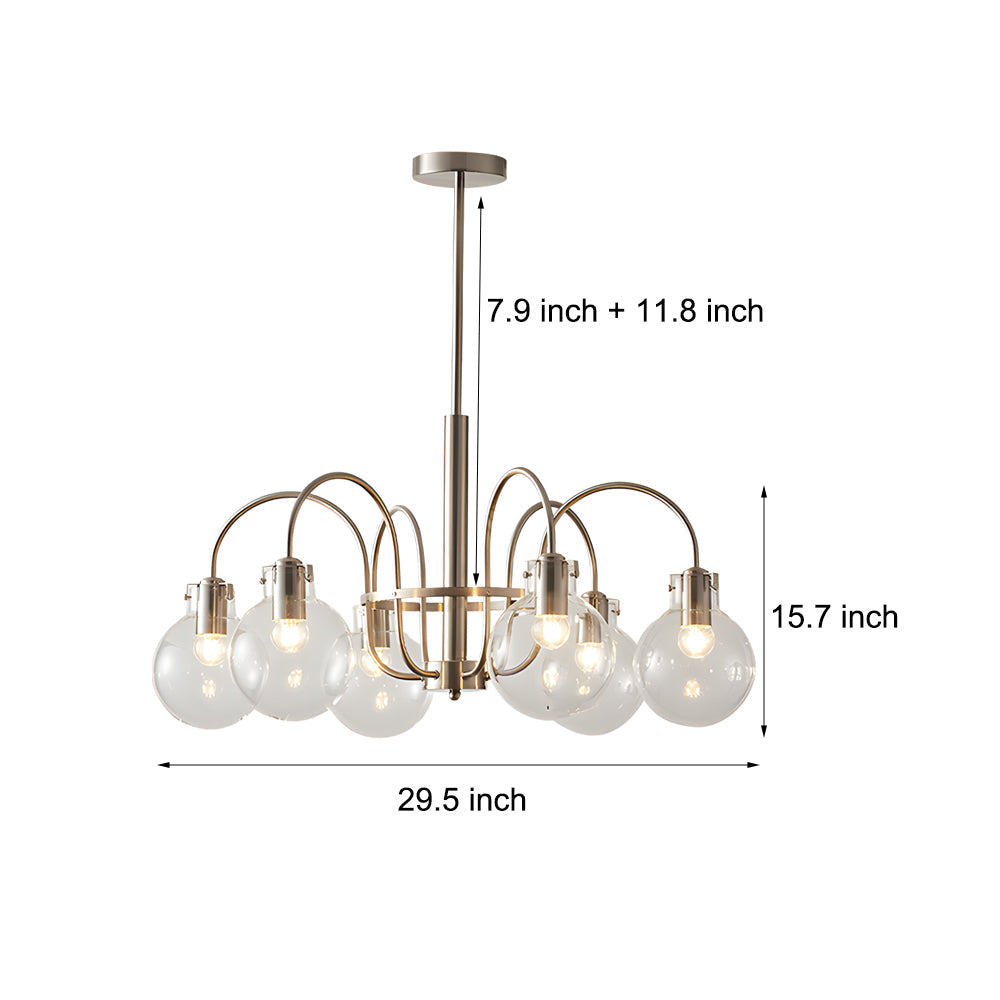 Modern 6 Light Nickel Chandelier with Clear Glass Globe Shades for Dining Room and Living Room