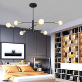 Modern 6 Light Sputnik Chandelier with Glass Globe Orbs Black and Gold Mid Century Pendant Light