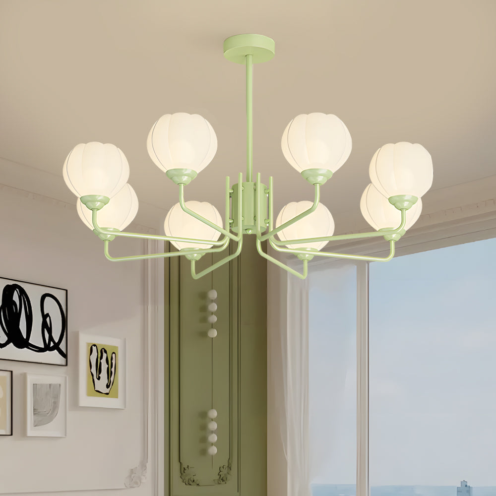 Modern 8 Light Bell Orchid Glass Flower Chandelier with Three Step Dimming and Green Finish