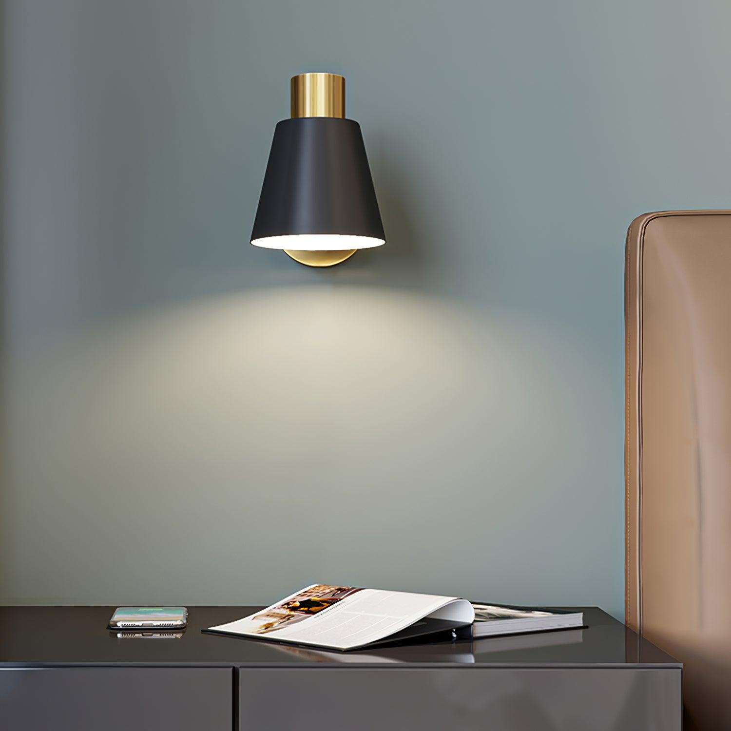 Modern Adjustable Arm Wall Sconce Set of 2 Black and Gold Trumpet Shade Lighting