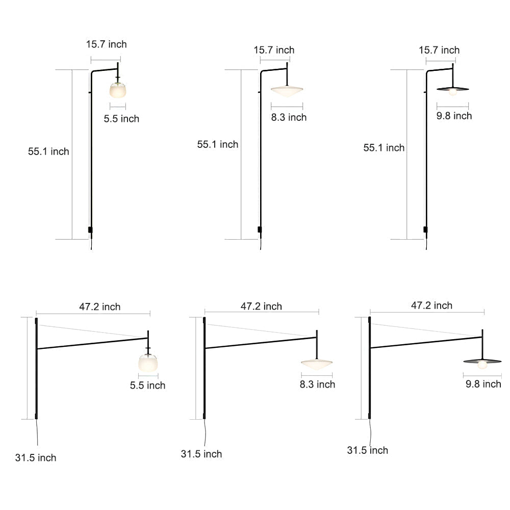 Modern Adjustable Swing Arm Wall Light Black Metal Long Pole LED Sconce with Glass Shade for Bedroom