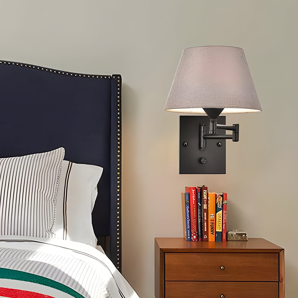 Modern Adjustable Swing Arm Wall Sconce with Fabric Shade and Metal Frame for Reading Nooks