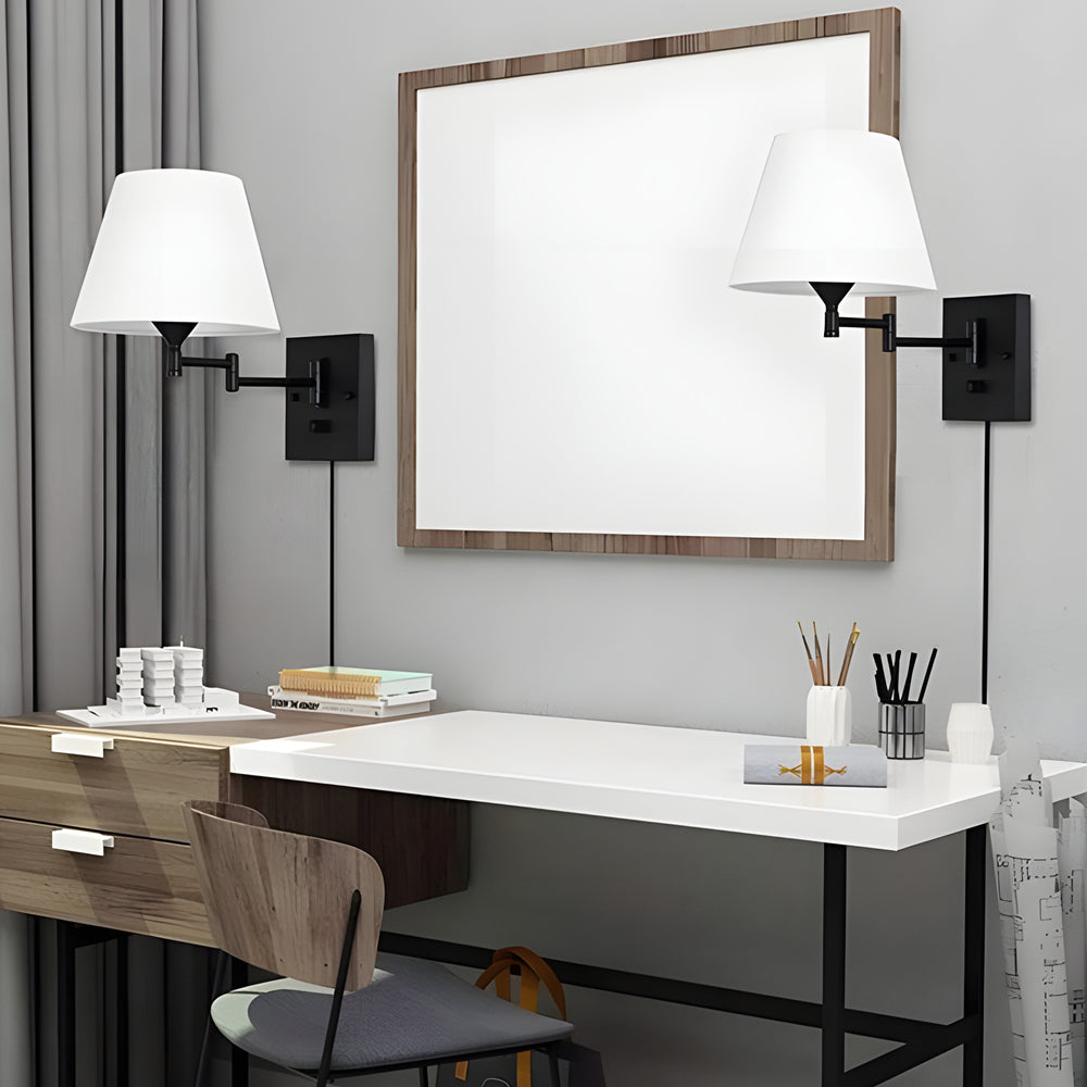 Modern Adjustable Swing Arm Wall Sconce with Fabric Shade and Metal Frame for Reading Nooks