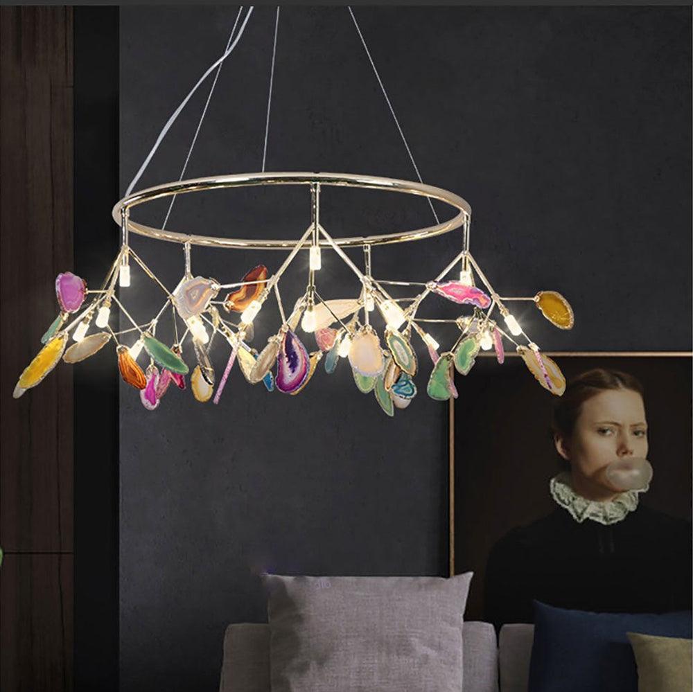 Modern Agate Flake Crown Chandelier Natural Onyx Stone Pendant Light in Gold
