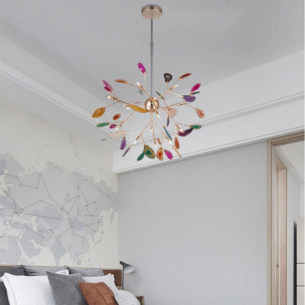 Modern Agate Flake Crown Chandelier Natural Onyx Stone Pendant Light in Gold