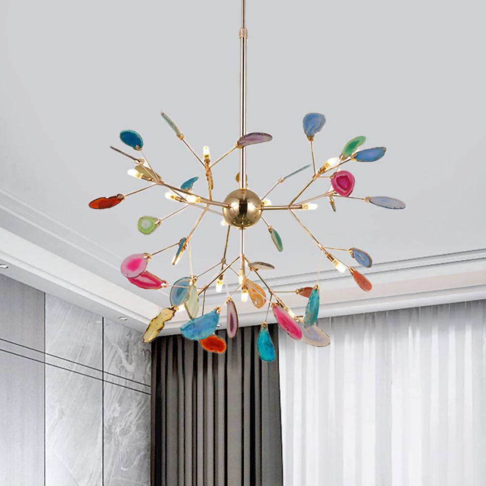 Modern Agate Flake Crown Chandelier Natural Onyx Stone Pendant Light in Gold
