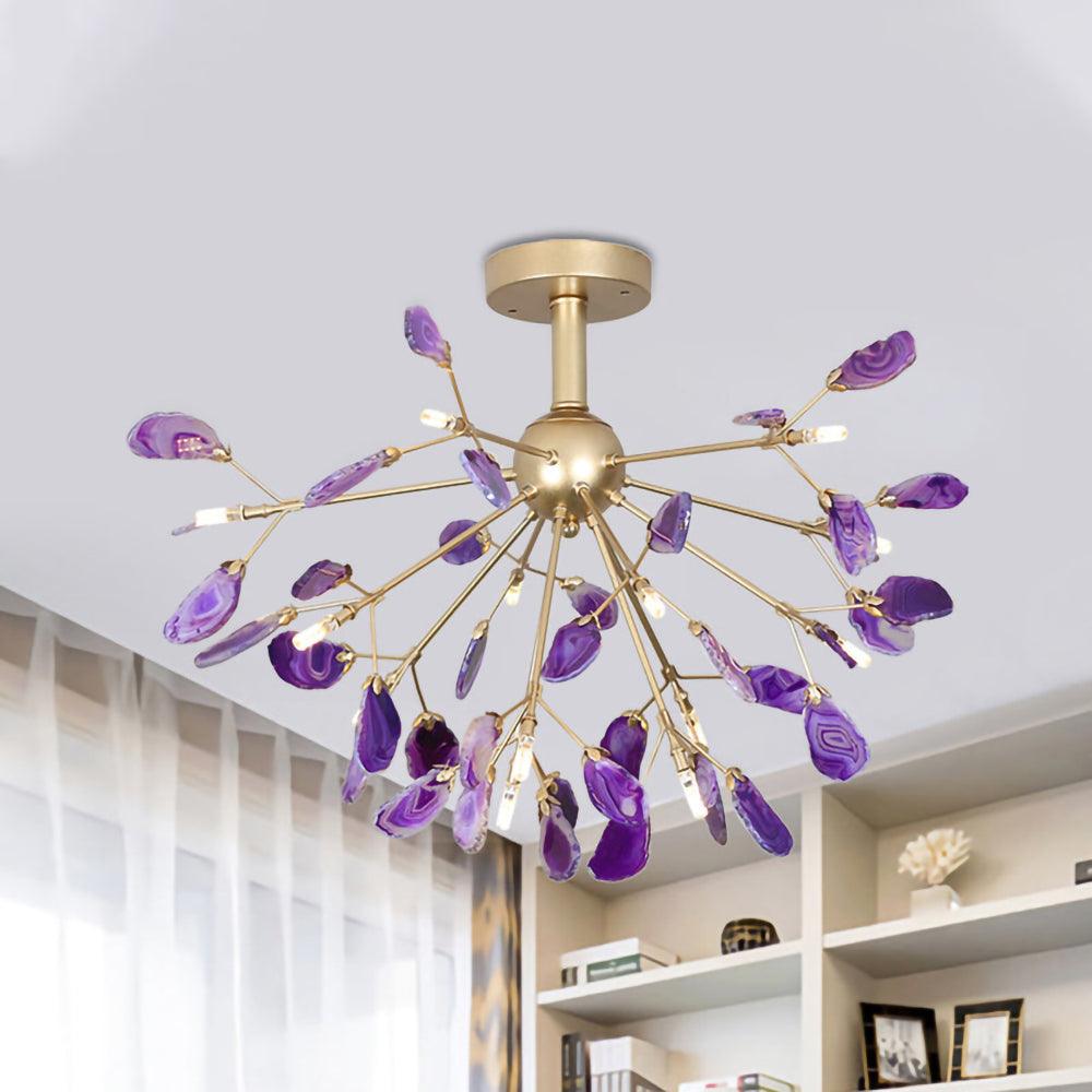 Modern Agate Flake Crown Chandelier Natural Onyx Stone Pendant Light in Gold