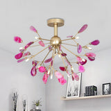 Modern Agate Flake Crown Chandelier Natural Onyx Stone Pendant Light in Gold