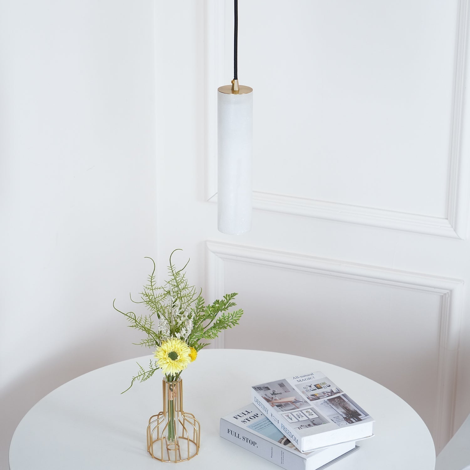 Modern Alabaster Cylinder Pendant Light Minimalist Natural Stone Droplet Hanging Lamp