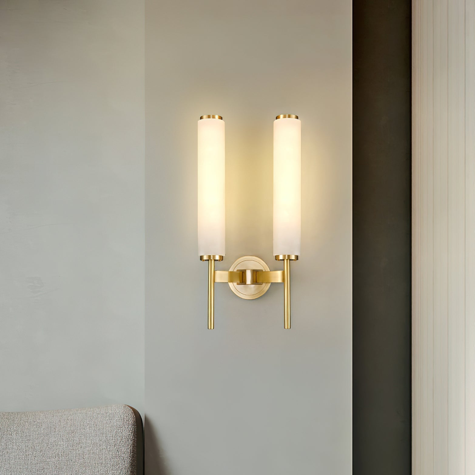 Modern Alabaster Cylinder Wall Sconce with Antique Brass Finish for Luxury Hallway and Bedroom Lighting