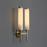 Modern Alabaster Cylinder Wall Sconce with Antique Brass Finish for Luxury Hallway and Bedroom Lighting