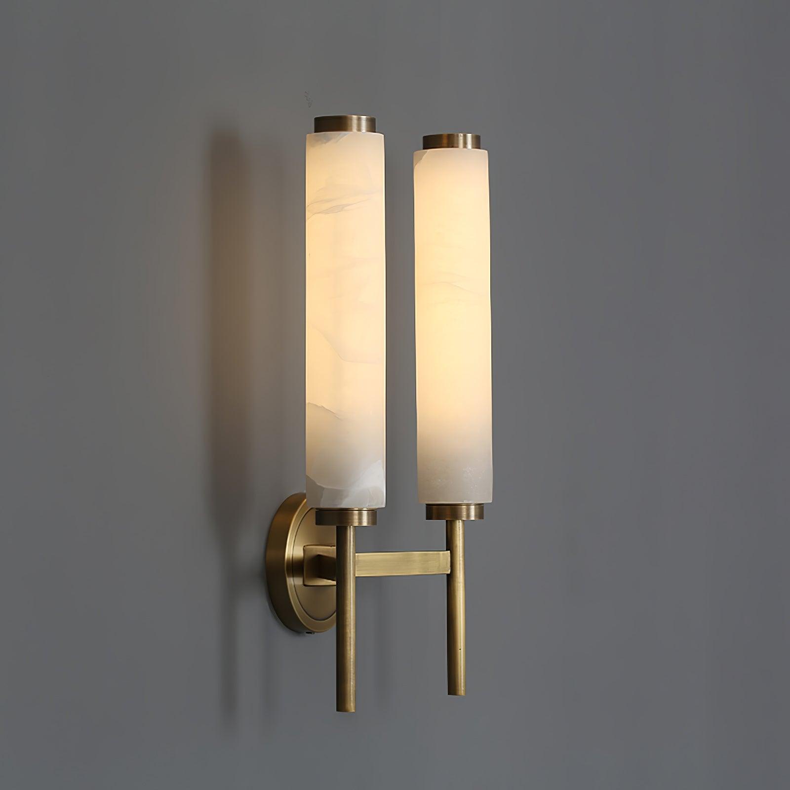 Modern Alabaster Cylinder Wall Sconce with Antique Brass Finish for Luxury Hallway and Bedroom Lighting