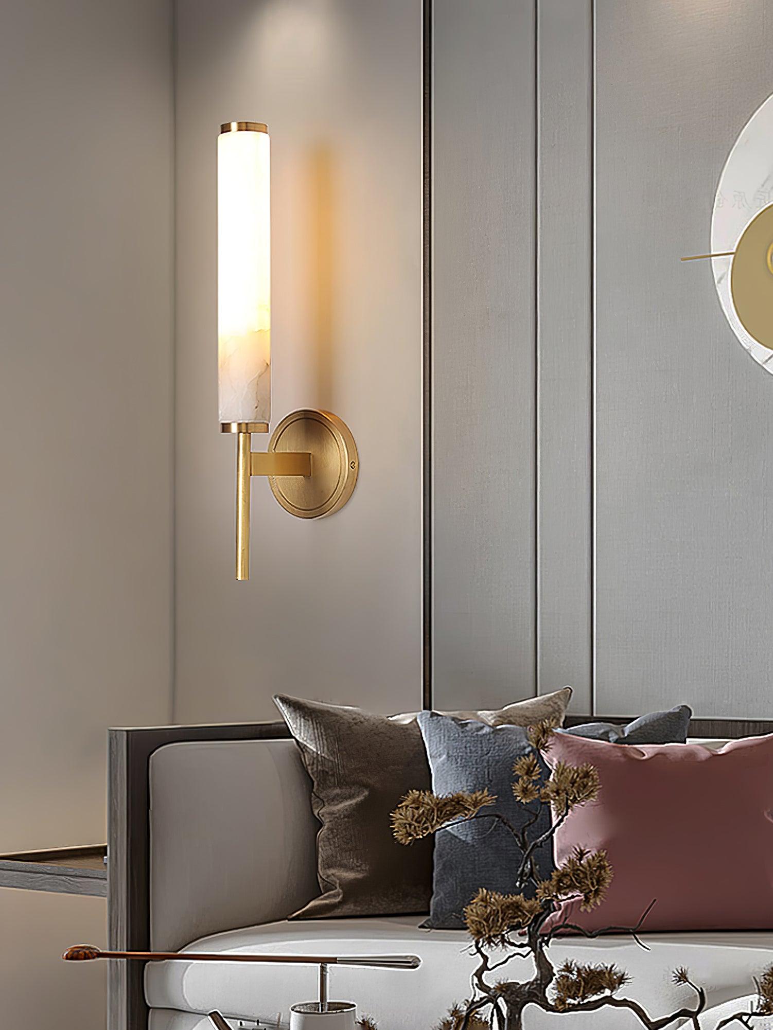 Modern Alabaster Cylinder Wall Sconce with Antique Brass Finish for Luxury Hallway and Bedroom Lighting