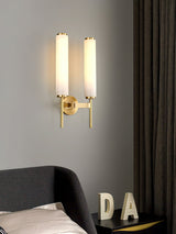 Modern Alabaster Cylinder Wall Sconce with Antique Brass Finish for Luxury Hallway and Bedroom Lighting