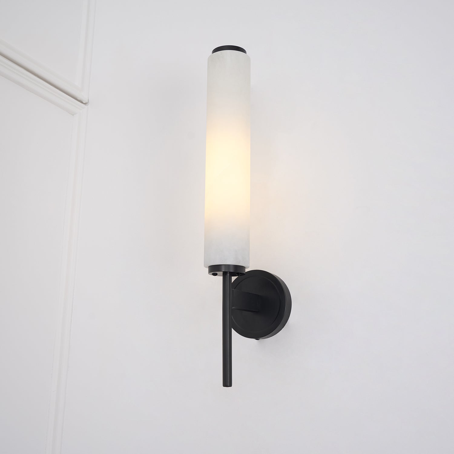 Modern Alabaster Cylinder Wall Sconce with Antique Brass Finish for Luxury Hallway and Bedroom Lighting