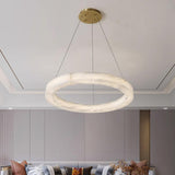 Modern Alabaster LED Ring Chandelier Contemporary Brass Circular Pendant Light