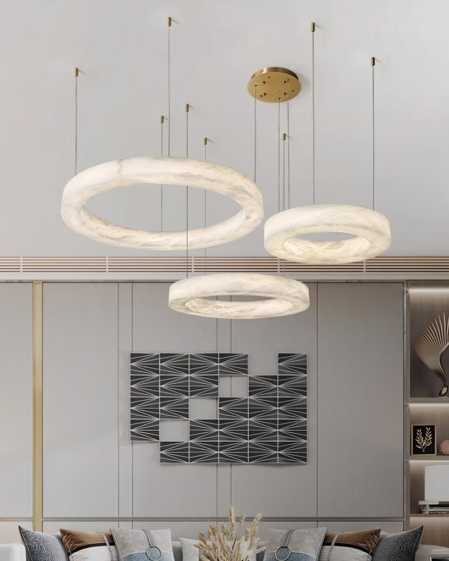 Modern Alabaster LED Ring Chandelier Contemporary Brass Circular Pendant Light