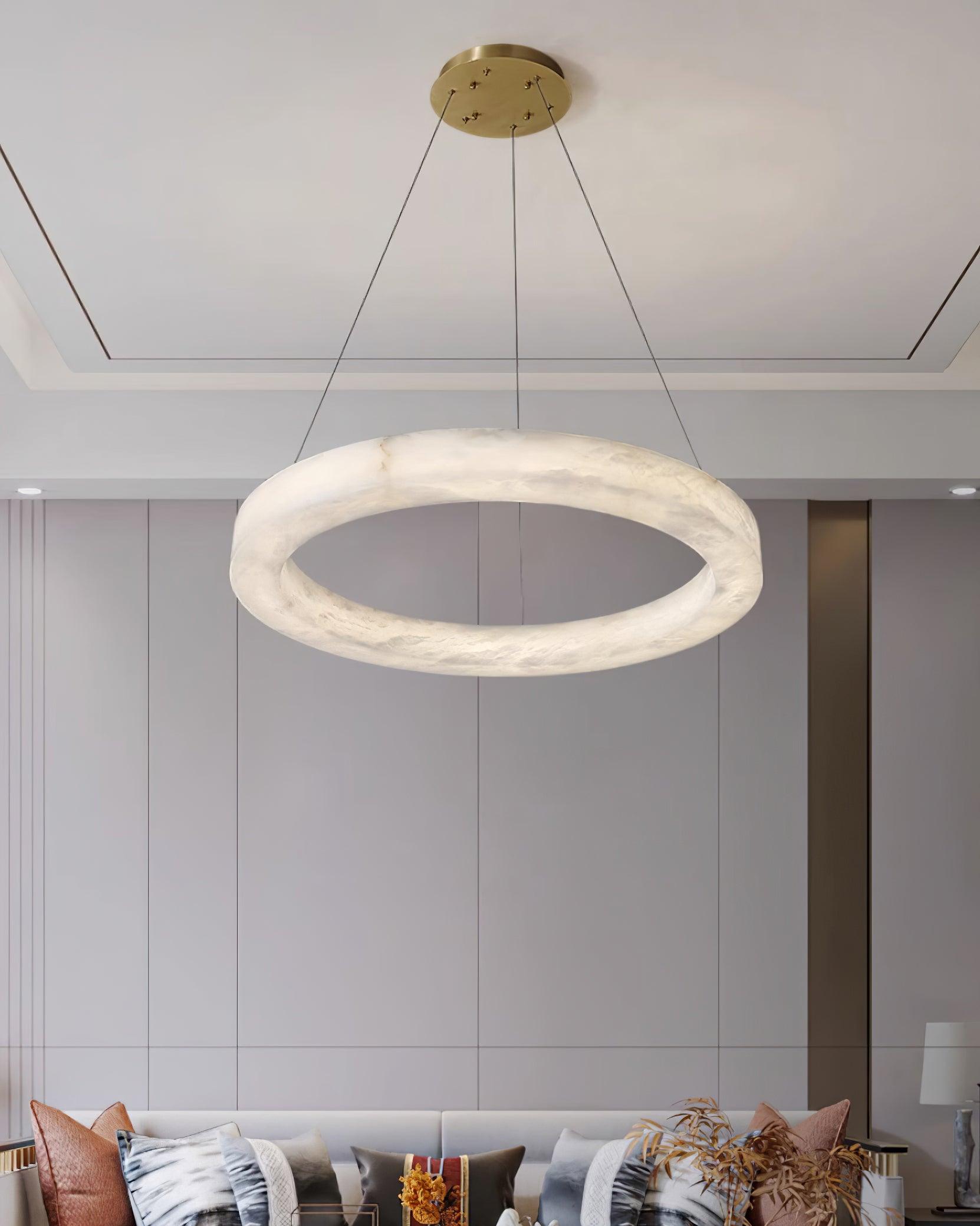 Modern Alabaster LED Ring Chandelier Contemporary Brass Circular Pendant Light