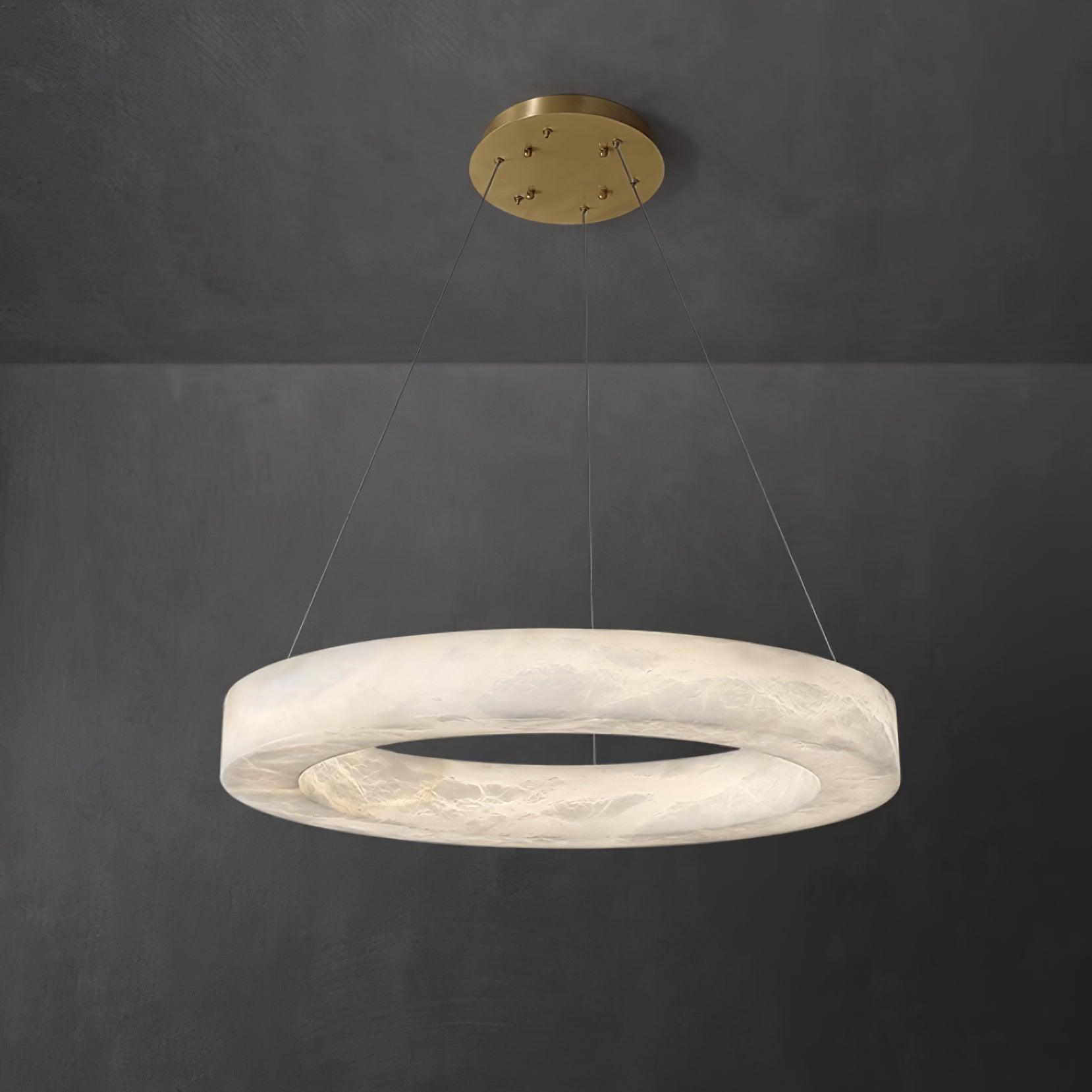 Modern Alabaster LED Ring Chandelier Contemporary Brass Circular Pendant Light