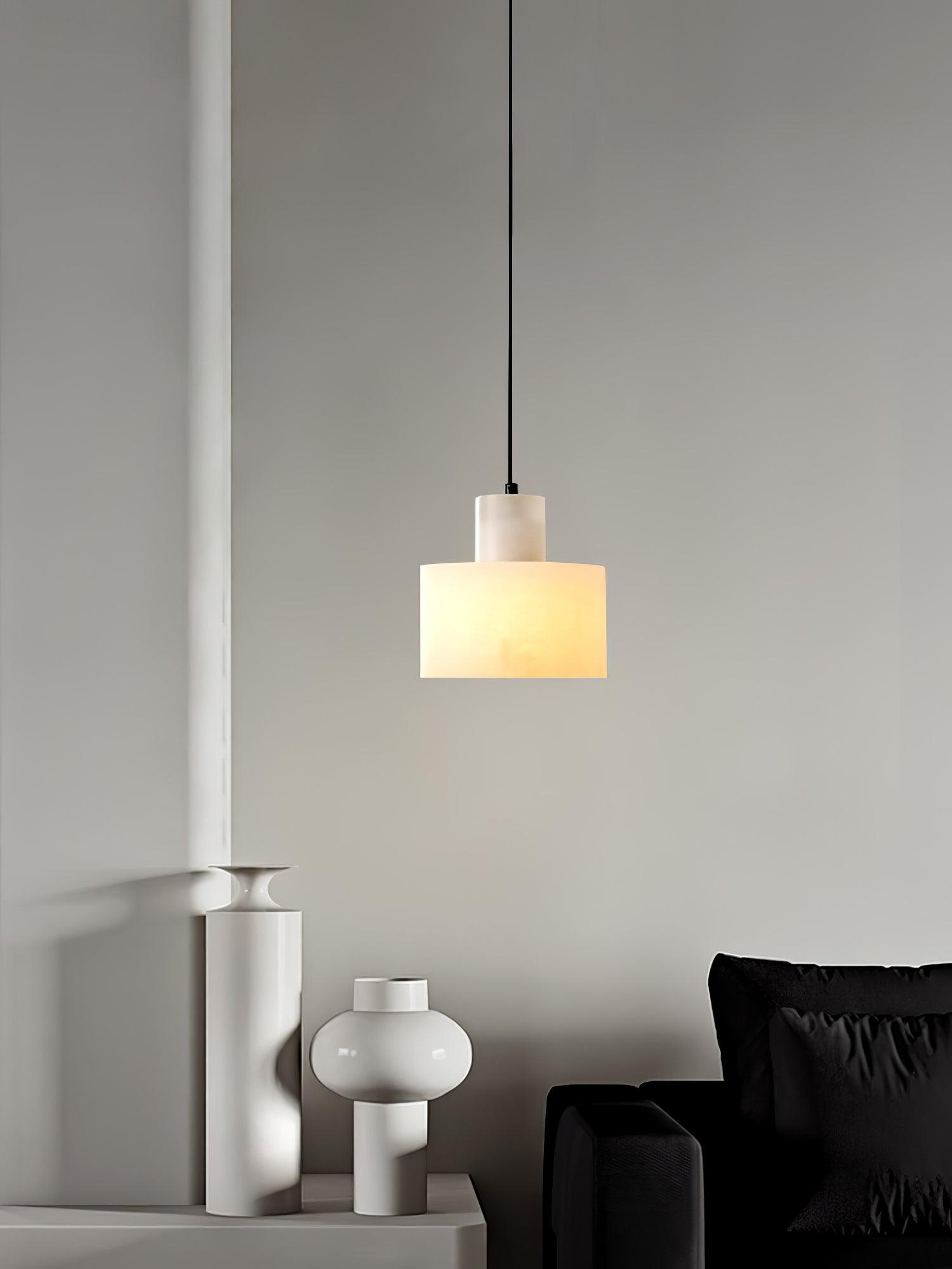 Modern Alabaster Pendant Light Minimalist Natural Stone Cylinder Hanging Lamp for Indoor Use