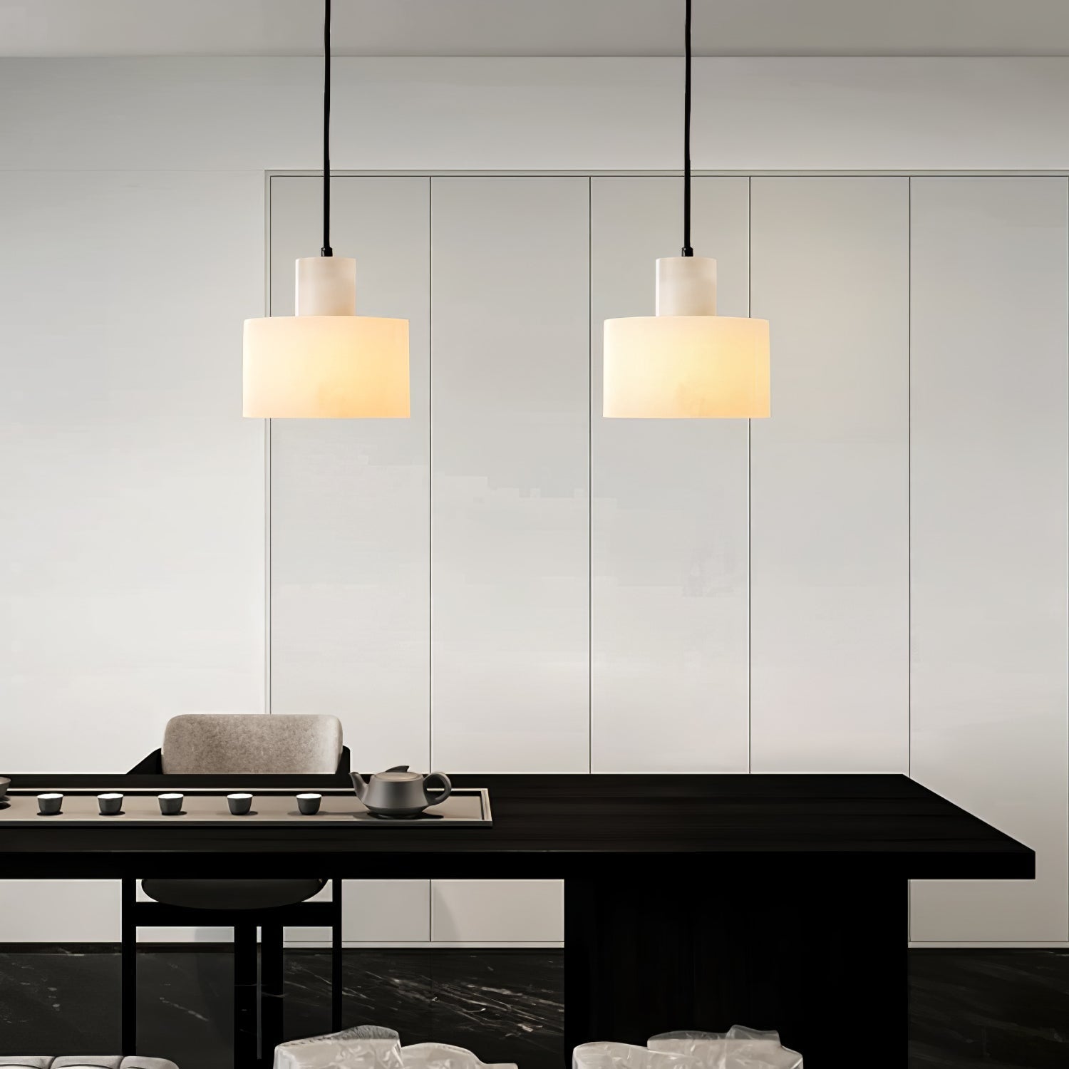 Modern Alabaster Pendant Light Minimalist Natural Stone Cylinder Hanging Lamp for Indoor Use