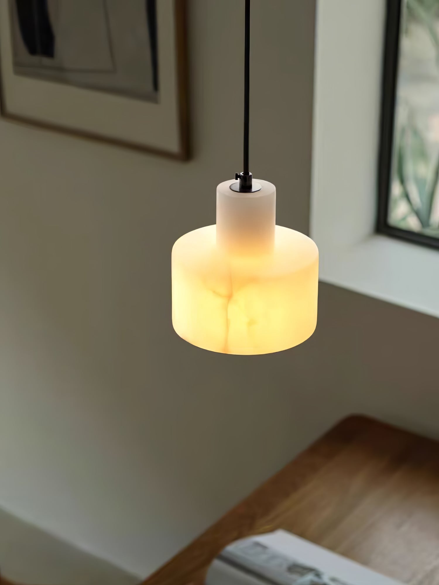 Modern Alabaster Pendant Light Minimalist Natural Stone Cylinder Hanging Lamp for Indoor Use