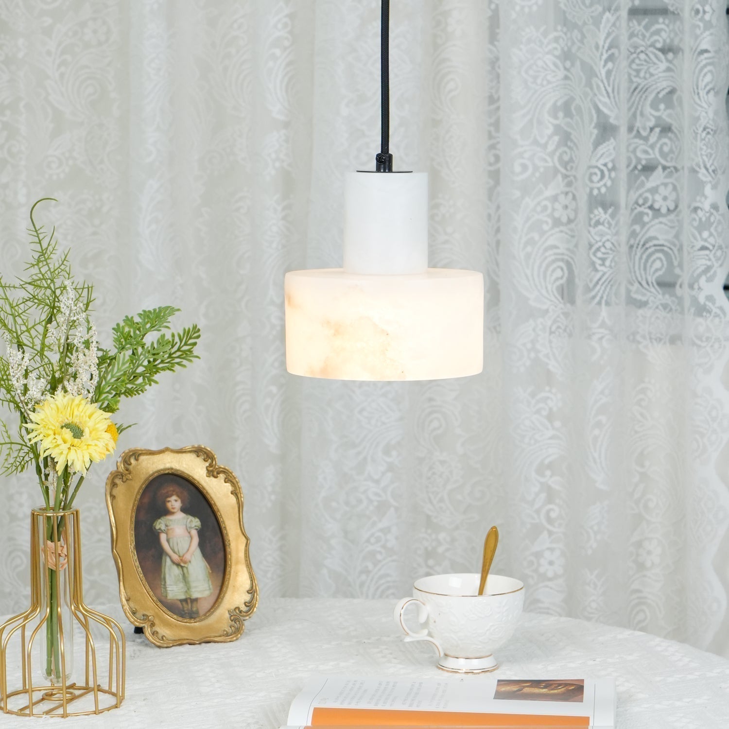Modern Alabaster Pendant Light Minimalist Natural Stone Cylinder Hanging Lamp for Indoor Use
