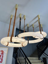 Modern Alabaster Ring LED Pendant Light with Leather Strap Detail