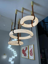 Modern Alabaster Ring LED Pendant Light with Leather Strap Detail