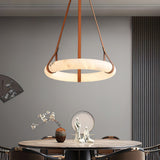 Modern Alabaster Ring LED Pendant Light with Leather Strap Detail