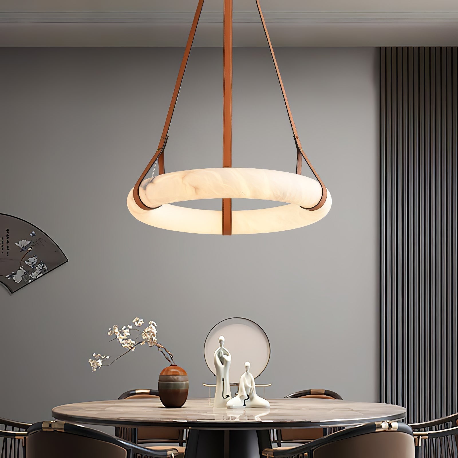 Modern Alabaster Ring LED Pendant Light with Leather Strap Detail