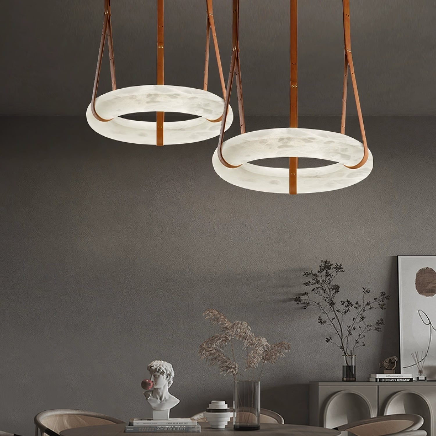 Modern Alabaster Ring LED Pendant Light with Leather Strap Detail