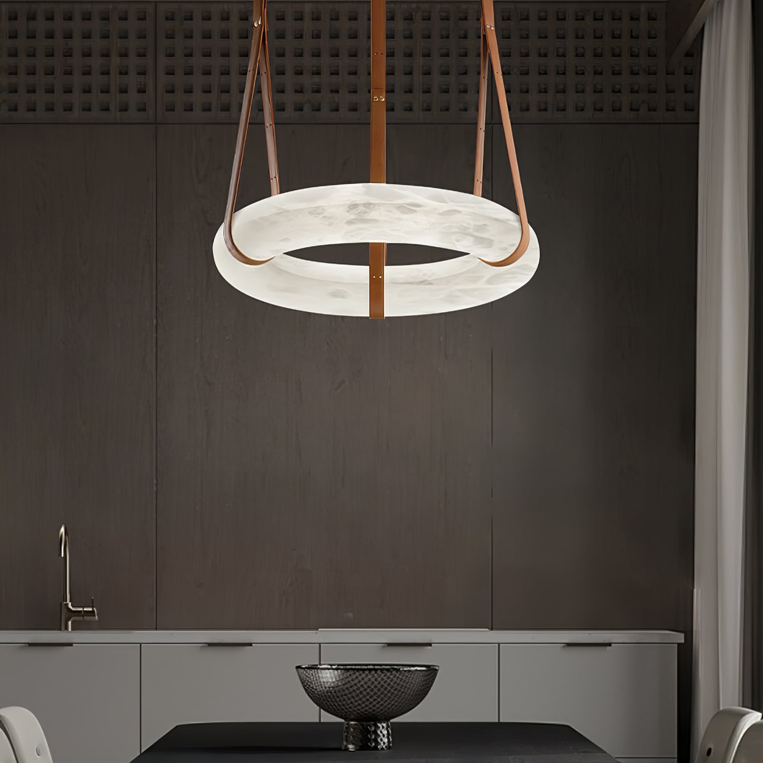 Modern Alabaster Ring LED Pendant Light with Leather Strap Detail