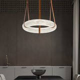 Modern Alabaster Ring LED Pendant Light with Leather Strap Detail