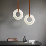 Modern Alabaster Ring LED Pendant Light with Leather Strap Detail