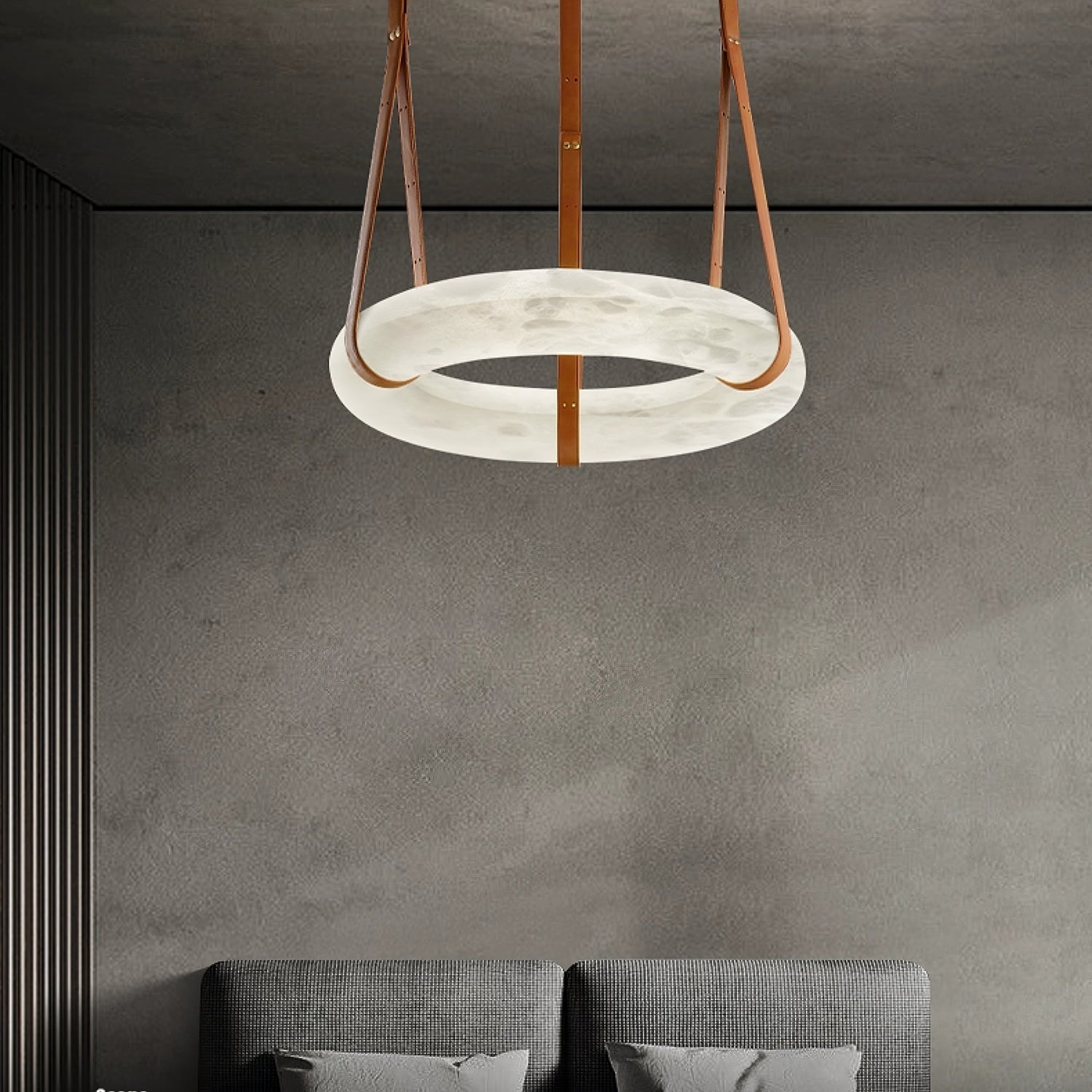 Modern Alabaster Ring LED Pendant Light with Leather Strap Detail