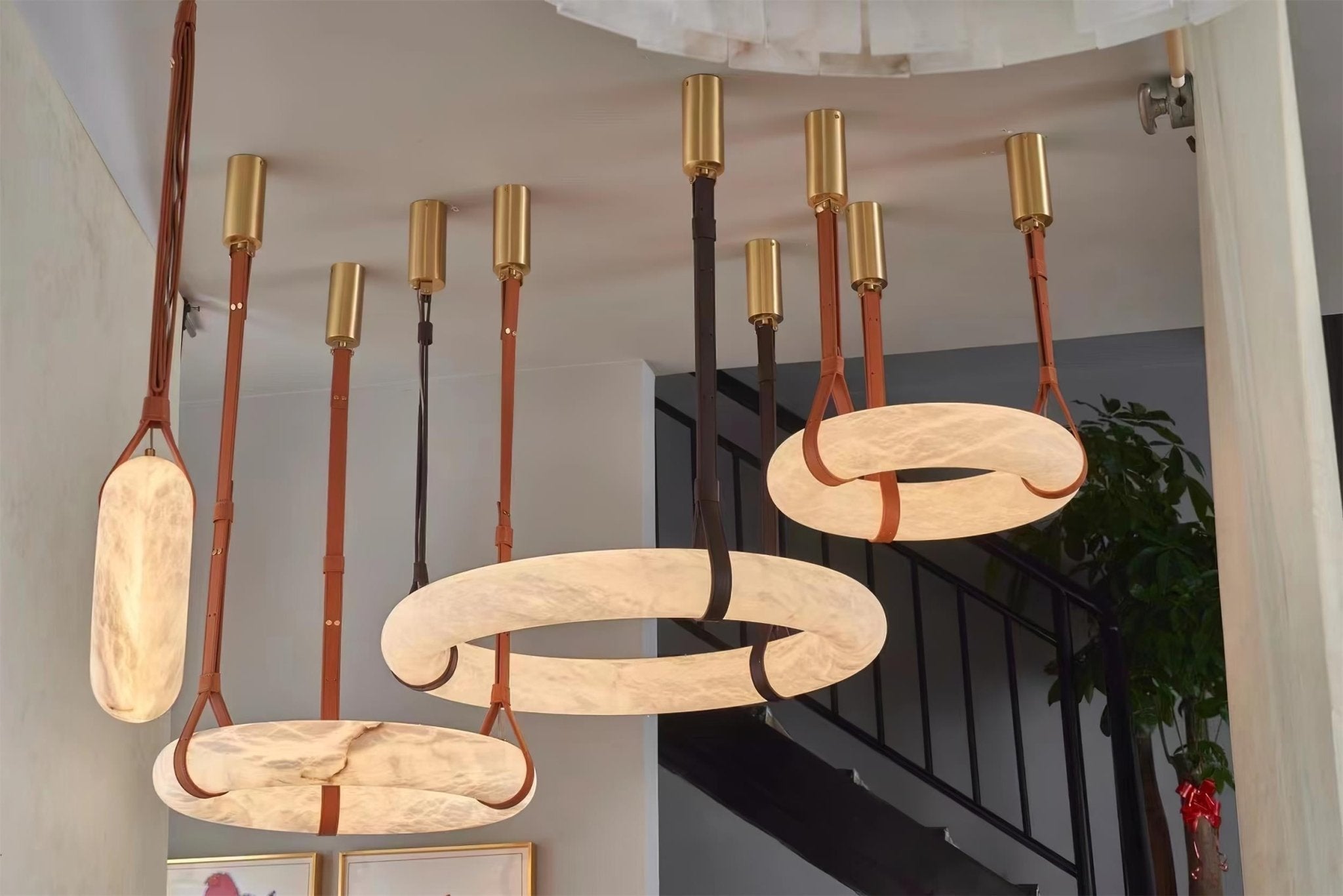 Modern Alabaster Ring LED Pendant Light with Leather Strap Detail