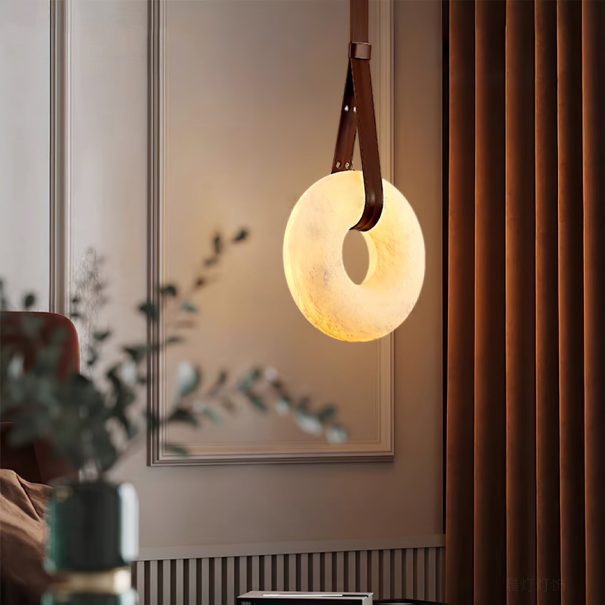 Modern Alabaster Ring LED Pendant Light with Leather Strap Detail