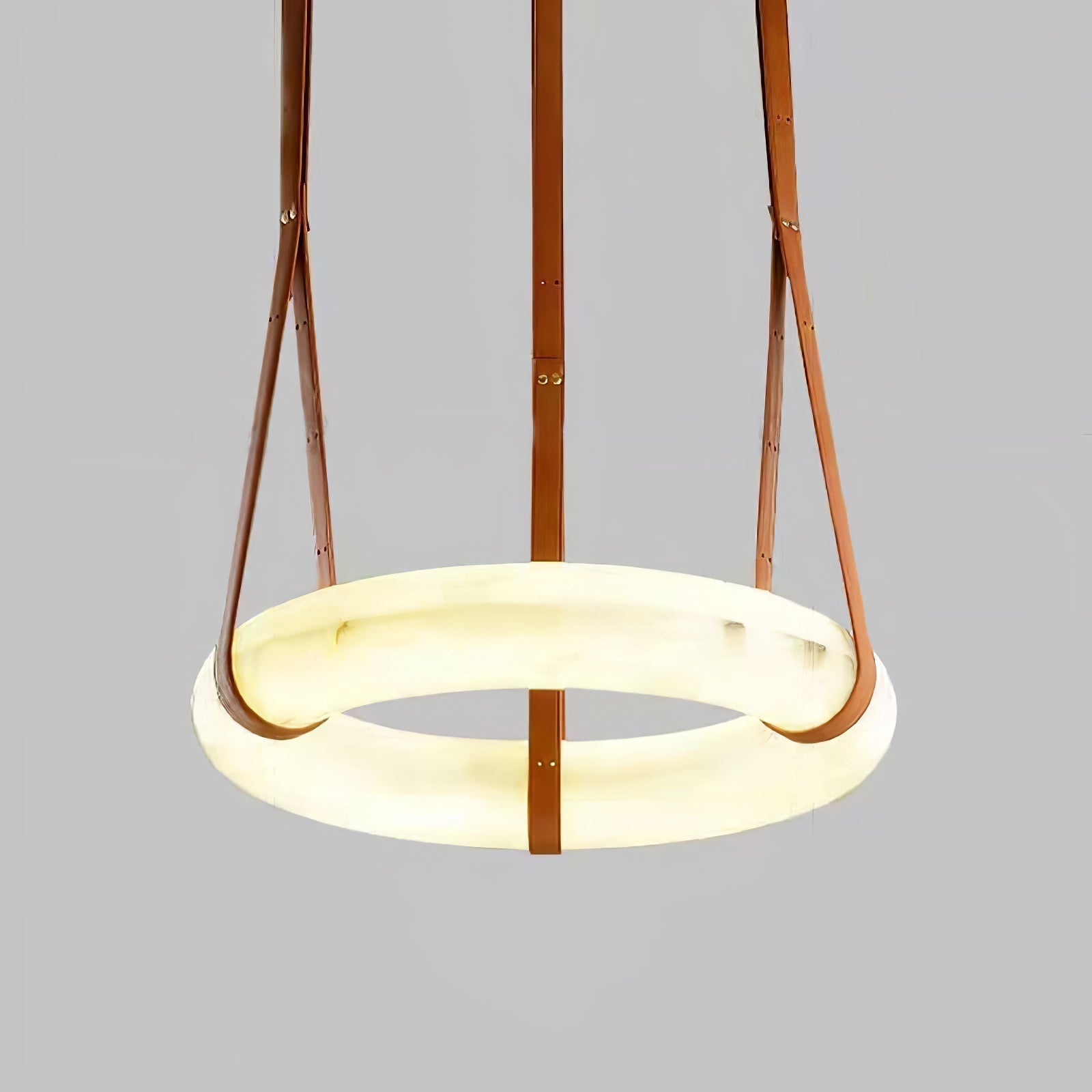 Modern Alabaster Ring LED Pendant Light with Leather Strap Detail